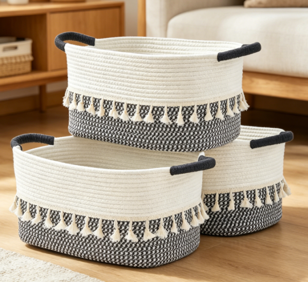 Two Tone Cotton Rope Storage Baskets with Handles (3 Piece Set) (White/Blue)