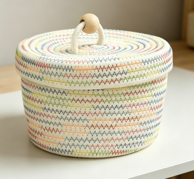 Small Cotton Rope Basket with Lid and Rainbow Wave Pattern Image 2