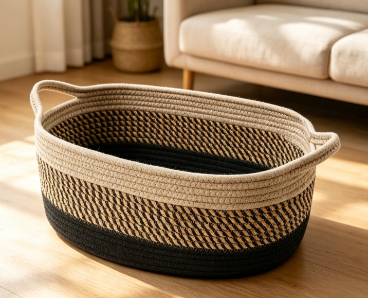 Small Woven Basket with Handles – Light Beige – Toy Storage Image 2