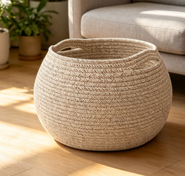 Round Wicker Style Woven Basket – Jute Material – Toy Storage
